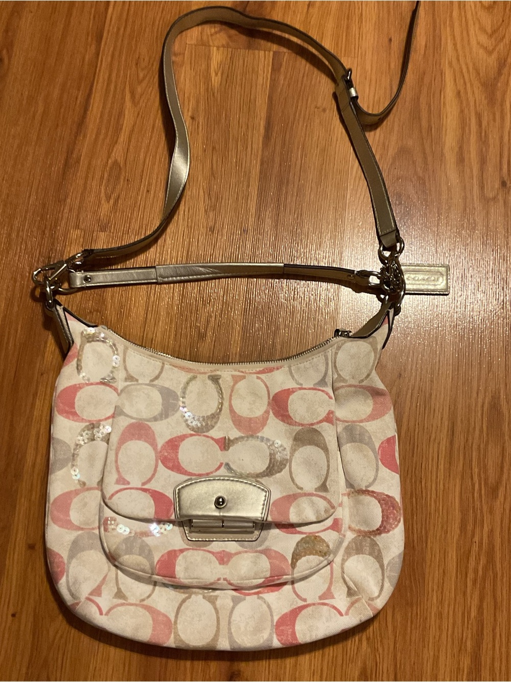NWOT Coach Kristin Op Art Sequin Hobo Bag Pink White Silver Canvas Purse
